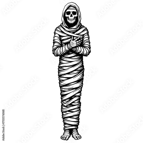Wrapped mummy with visible skull in vintage black and white illustration perfect for Halloween horror and undead character concepts - Halloween - mummy - undead - horror - costume