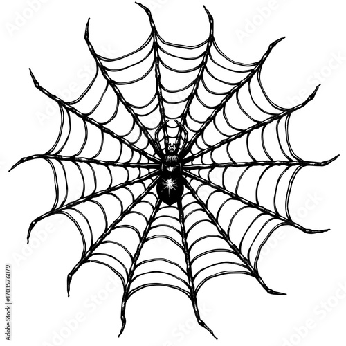 Black and white spider web illustration in detailed line art for Halloween horror themes and spooky decoration - Halloween - spider web - horror - spooky - line art