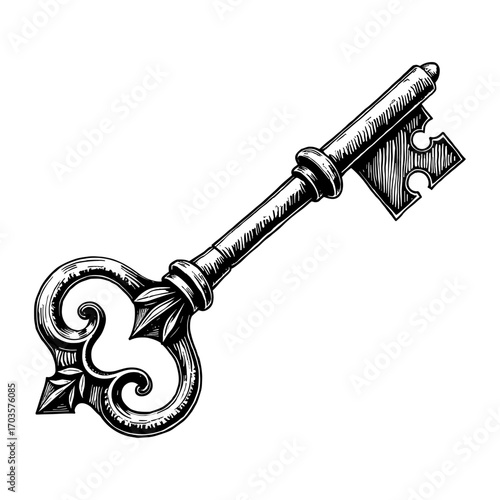 Vintage ornate skeleton key in black and white illustration perfect for Halloween haunted house and mystery concepts - Halloween - key - skeleton - haunted - vintage