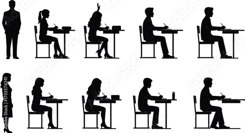 Silhouette students taking exam in classroom, teacher supervising, education concept, learning, studying, school test, academic assessment, knowledge, writing, discipline