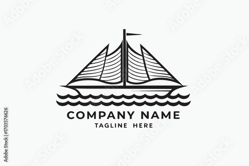 Black lined sailboat rests on wavy water with a flag at its peak