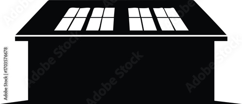 Silhouette of a boxshaped house, featuring a flat roof and multiple windows, representing a simple and modern architectural design with a minimalist aesthetic