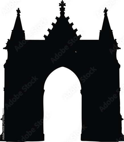 Silhouette of the gate of honor, a gothic style archway in black and white, symbolizing entrance and history, with intricate details and a sense of grandeur
