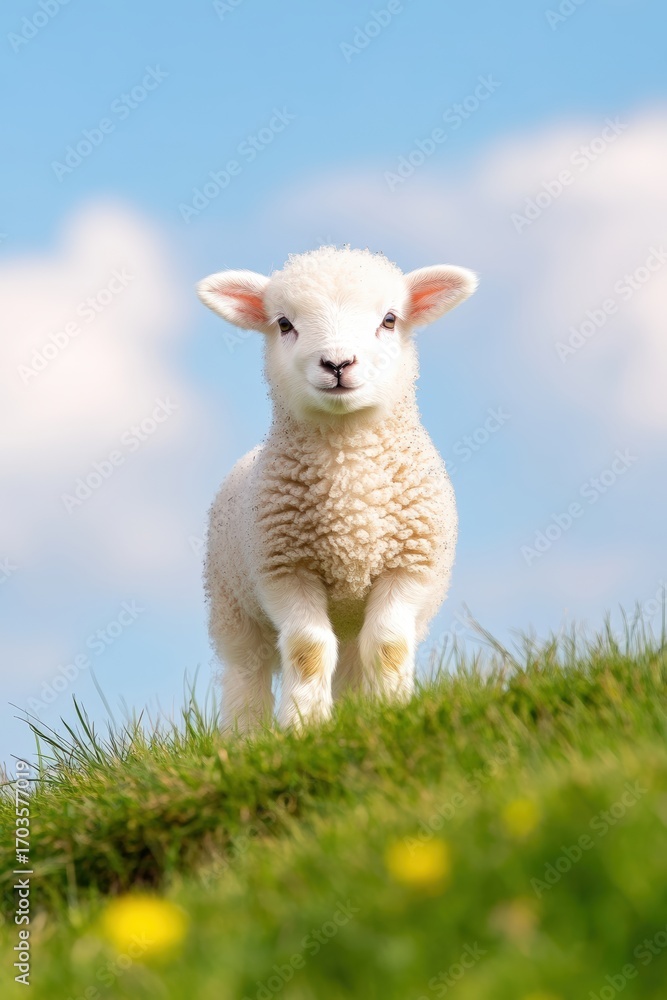 Fototapeta premium A fluffy lamb stands on a grassy hill under a bright blue sky, showcasing its adorable features, This image is perfect for agricultural themes, animal welfare campaigns, or children's content,