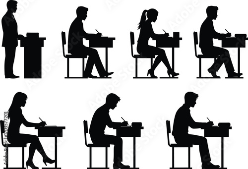 Silhouette students sitting at desks writing exams in classroom while teacher stands at podium supervising educational test environment