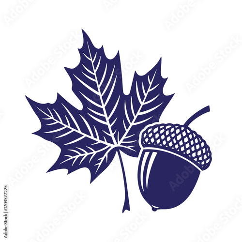 Elegant vector illustration of a maple leaf and acorn in deep blue color on white background