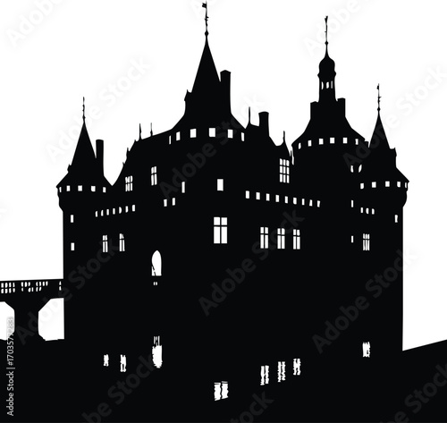 Silhouette of a grand castle, featuring multiple towers, arched windows, and a connecting bridge, evoking a sense of history, mystery, and architectural grandeur
