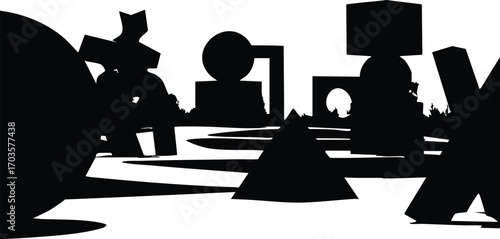 Abstract composition of geometric shapes in black silhouette, creating a modern and minimalist design with a sense of depth and dimension