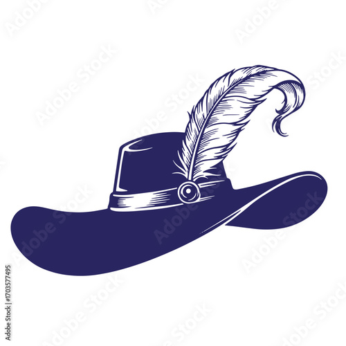 Elegant vector illustration of a traditional hat adorned with a decorative feather in blue