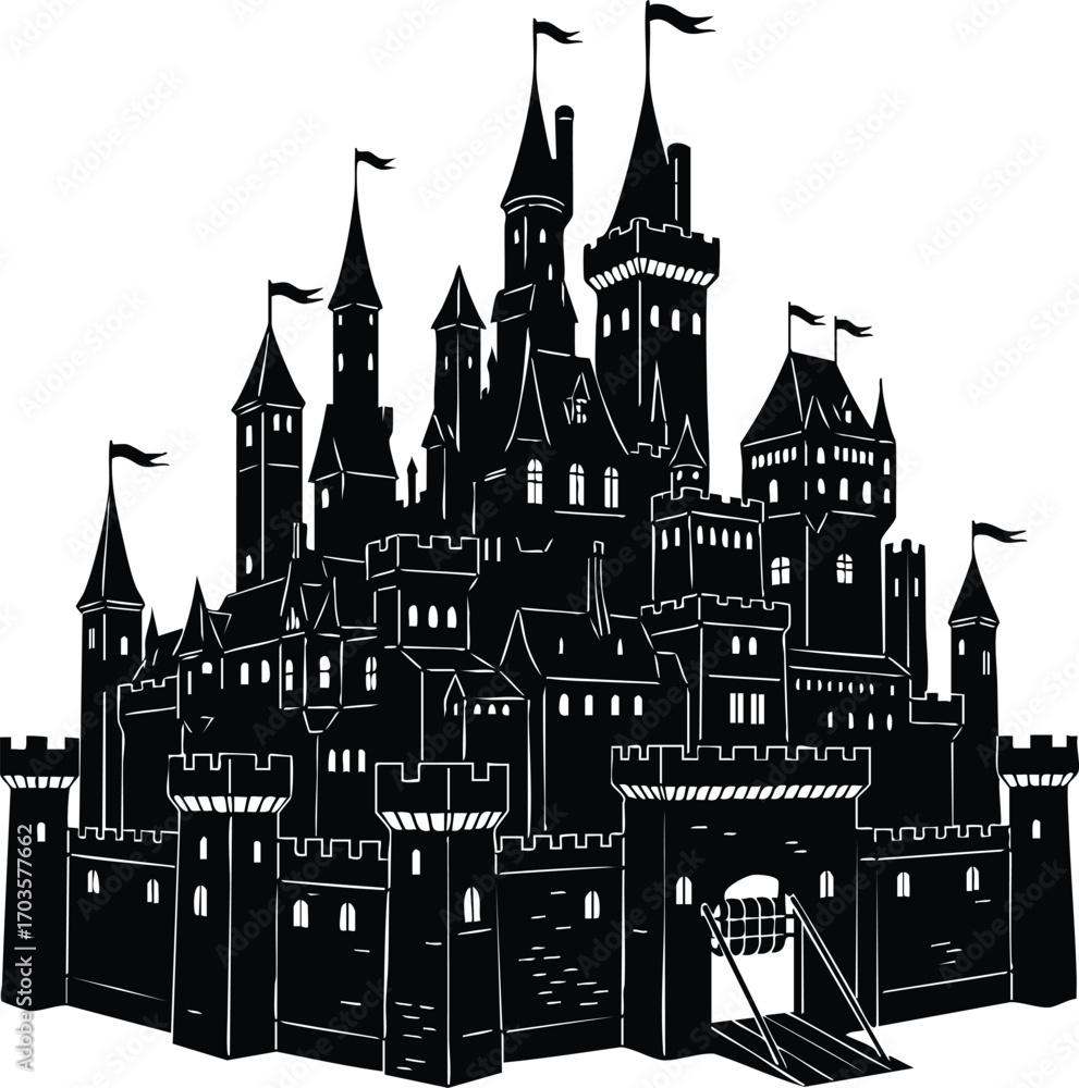 Obraz premium A majestic castle silhouette, showcasing intricate towers, flags, and detailed architecture, evoking a sense of fairytale fantasy and medieval grandeur