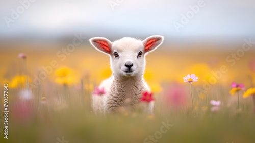 A cute lamb surrounded by colorful flowers in a sunny field, evoking a sense of peace and innocence, ideal for nature, farm life, or spring-themed projects,