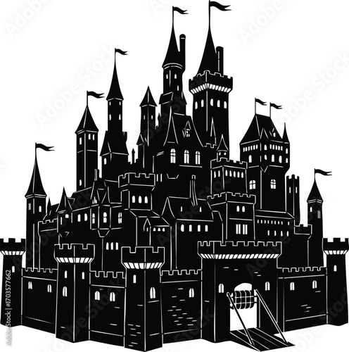 A majestic castle silhouette, showcasing intricate towers, flags, and detailed architecture, evoking a sense of fairytale fantasy and medieval grandeur
