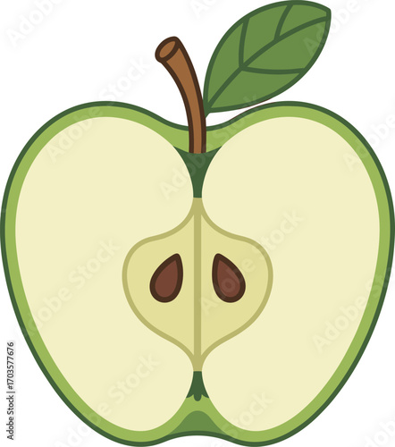 A Halved Green Apple Showing Its Seeds And Inner Core With A Stem And Leaf Attached
