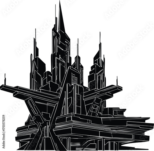A futuristic city skyline showcases towering structures with intricate designs, evoking a sense of advanced technology and urban innovation in a monochromatic palette