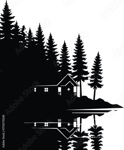 A serene cabin nestled by a tranquil lake, surrounded by towering pine trees, creating a peaceful nature scene with a reflection in the water
