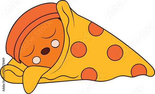 Adorable pizza slice character sleeping soundly under cozy blanket of cheese and toppings vector