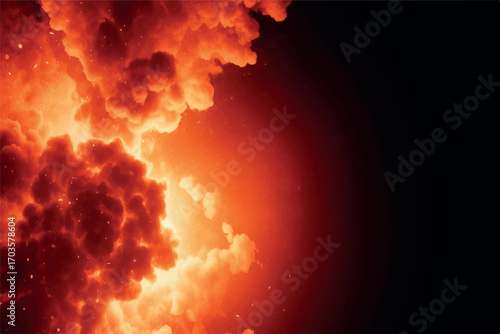 Fiery explosion with bright orange and red clouds of smoke and debris against a dark black background, symbolizing power and destruction