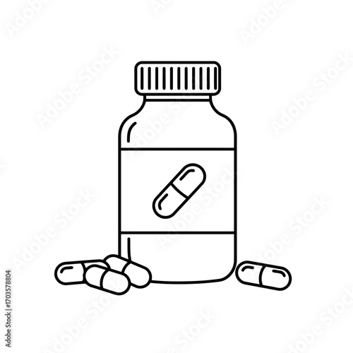 Plastic medical bottle and glass of water with pills isolated on transparent background