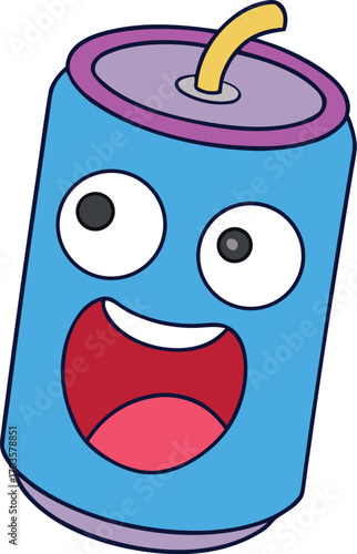 Funny cartoon soda can with big mouth open and eyes wide expressing joyful burp or surprise vector