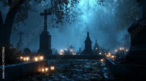 A nighttime cemetery scene. Blue tinged light illuminates numerous gravestones, with small flickering lanterns casting warm light along the ground. A misty atmosphere adds to the eerie mood.