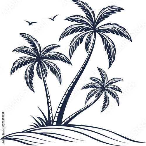 Vector illustration of a tropical summer beach with a palm tree silhouette against the sun