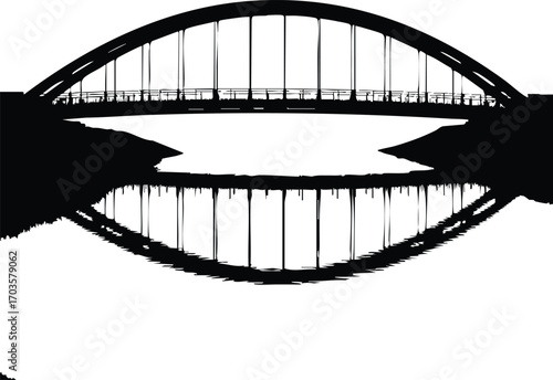 Silhouette of a bridge the bridges arch is reflected in the water below, creating a symmetrical composition the image is high contrast, emphasizing the shape