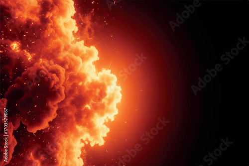 Explosion of fire and smoke in a dark background, creating a dramatic and powerful visual effect with glowing embers