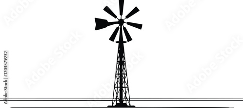 A black and white drawing features a vintage windmill standing tall in a rural landscape, evoking a sense of nostalgia and simple beauty of the countryside