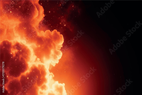 Intense fiery orange explosion with swirling smoke and bright embers, creating a dramatic and powerful visual effect against a black backdrop