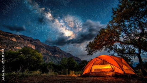 A tranquil camping scene under a night sky filled with stars and the Milky Way, showcasing an orange tent nestled amongst mountains.