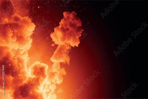 Fiery explosion with smoke and debris against a dark background, symbolizing destruction and power