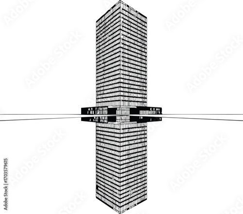 A modern skyscraper reflected in a still body of water, creating a symmetrical and striking architectural composition