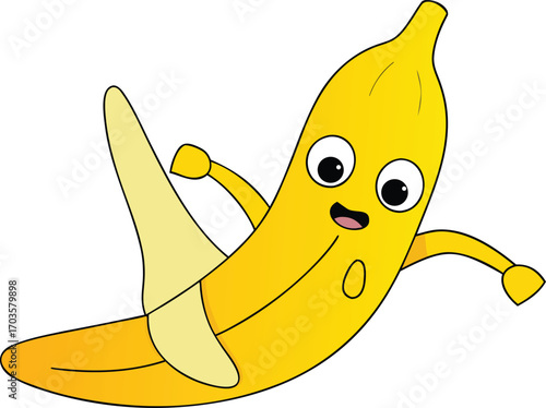 Cartoon banana character silly banana slipping on its own peel in a humorous fall scene vector