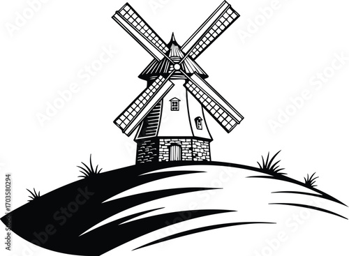 Silhouette of a windmill on a hill against a white backdrop, evoking a sense of rural charm and historical significance, a picturesque representation