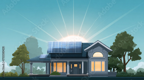 House with solar panels on roof illuminated at sunset surrounded by trees