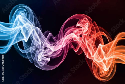 Abstract colorful smoke swirling and flowing in a dynamic wave pattern against a dark background, creating an ethereal and energetic visual
