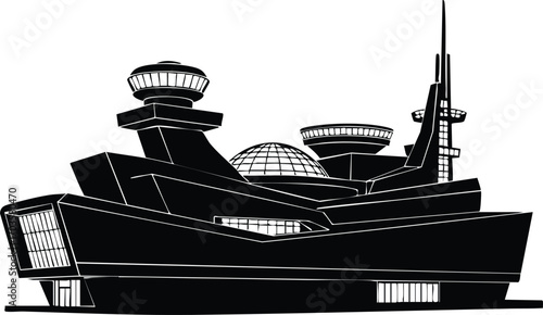 Futuristic yacht silhouette showcases a sleek, modern design with sharp angles, a prominent dome, and advanced antenna, embodying luxury and innovation