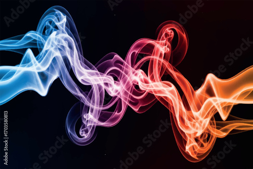 Abstract swirling smoke or vapor trails in contrasting blue and orange colors against a dark background, representing energy and motion