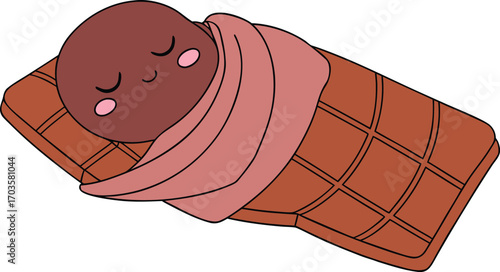 Adorable chocolate bar character sleeping peacefully wrapped in a cozy pink blanket funny sweet treat vector