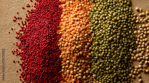 Colorful assortment of lentils and beans on a neutral surface.