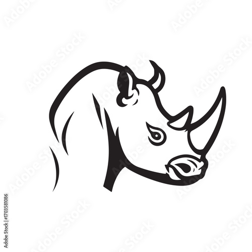 
aggressive rhino head illustration vector, powerful rhinoceros mascot logo, angry wild animal graphic, black and white safari creature, endangered species vector art, strong rhino head design.