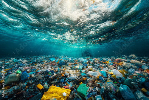 Colorful plastic waste blankets the ocean floor, contrasting against the clear blue water and sunlight filtering through the surface