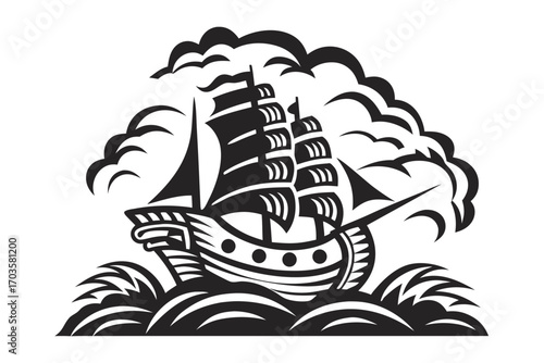 Black sailing ship sails on high seas beneath stylized dark clouds above vector