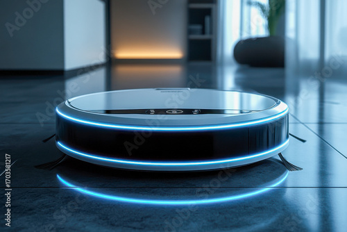 A robotic vacuum cleaner moves across a sleek, polished surface in a contemporary home, utilizing technology for efficient cleaning