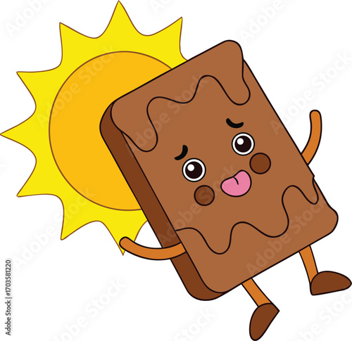 Funny chocolate bar character sweating profusely under a bright hot sun cartoon art vector