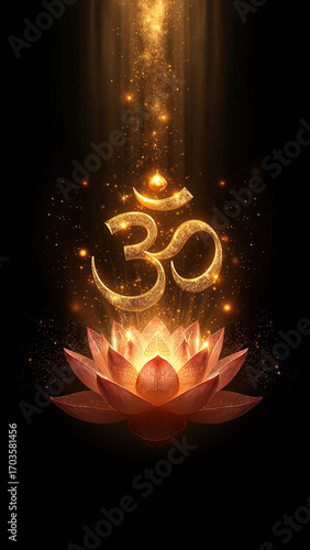 Golden Om Above Lotus on Black – Sacred Hindu Symbol, Yoga Meditation Art