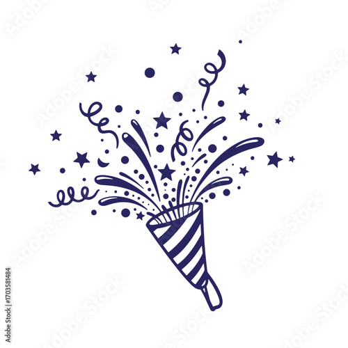 Festive vector illustration of party popper exploding with confetti and stars on white background