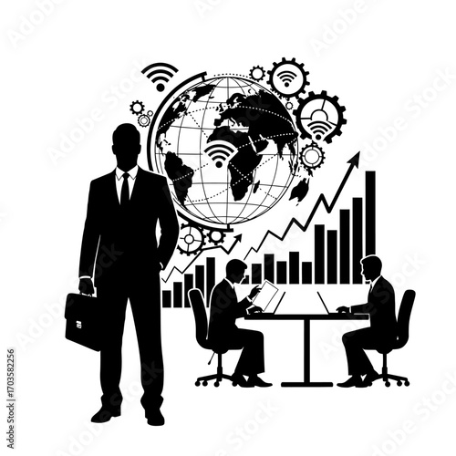 Business people and global finance chart