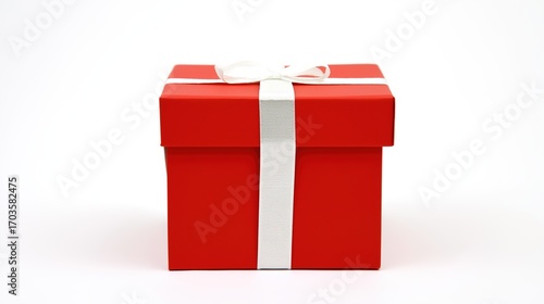 Red gift box with white ribbon and bow, centered product shot on clean background.