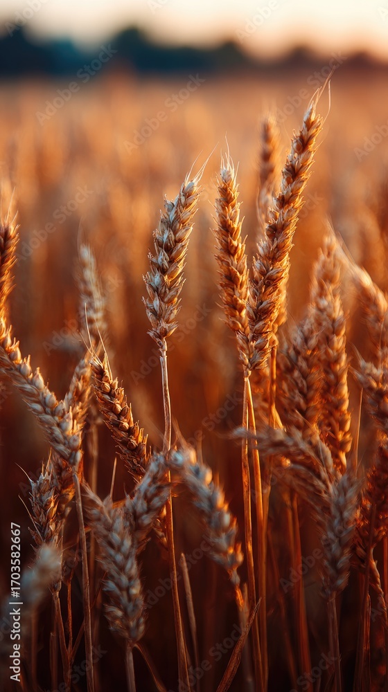 Fototapeta premium Golden wheat stalks bathed in the warm glow of a setting sun, filling the frame with a textured, natural beauty. The shallow depth of field blurs the background, focusing attention on the ripe grain